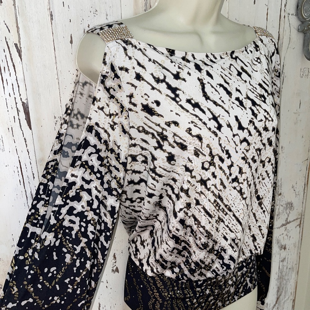 Joseph Ribkoff Woman's Blouse Top Size 8 Cold Shoulder Blouson Black Gold Ivory